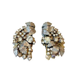 Vintage Leru Silver Tone Clip On Climber Earring Floral Leaf Missing Rhinestones
